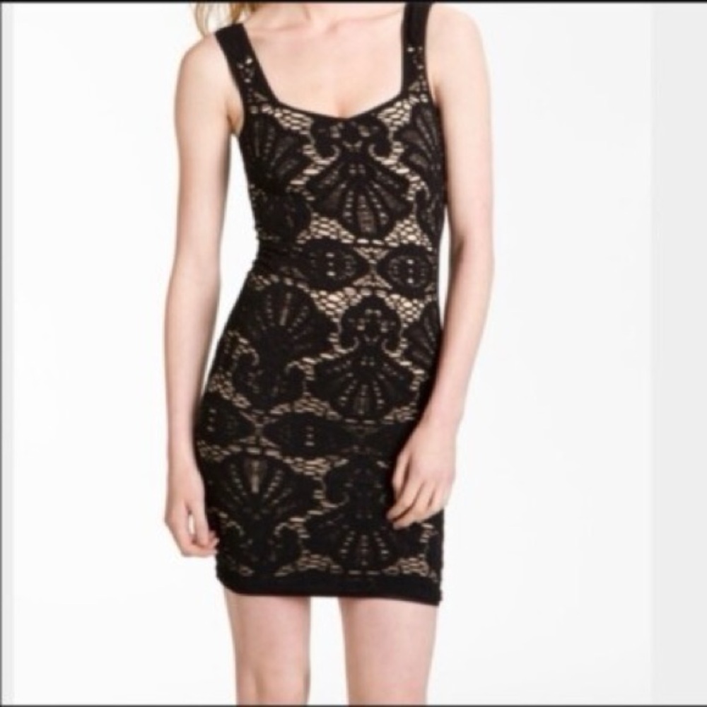 Free People Black with Nude Lining Bodycon Lace Dress M/L